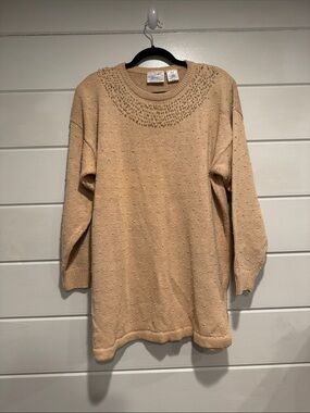Midnight blues Women's Cream Crewneck Sweater with pearl details. Size-M